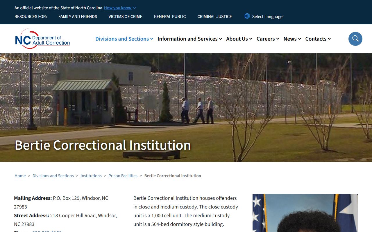 Bertie Correctional Institution NCDAC inmate lookup and facility profile